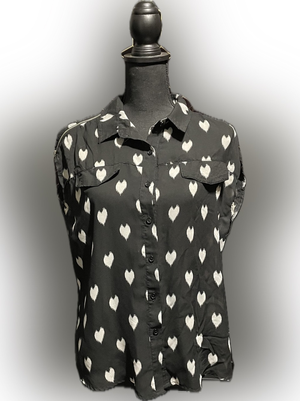 Timing Black High Low Button-Down Shirt with White Heart Print